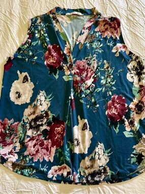 Beacon Teal Floral V-Neck Sleeveless Top Size 1X